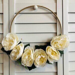 Winter White Rose Flower Romantic Leaf Floral Decor Twine Tweed Hoop Wreath